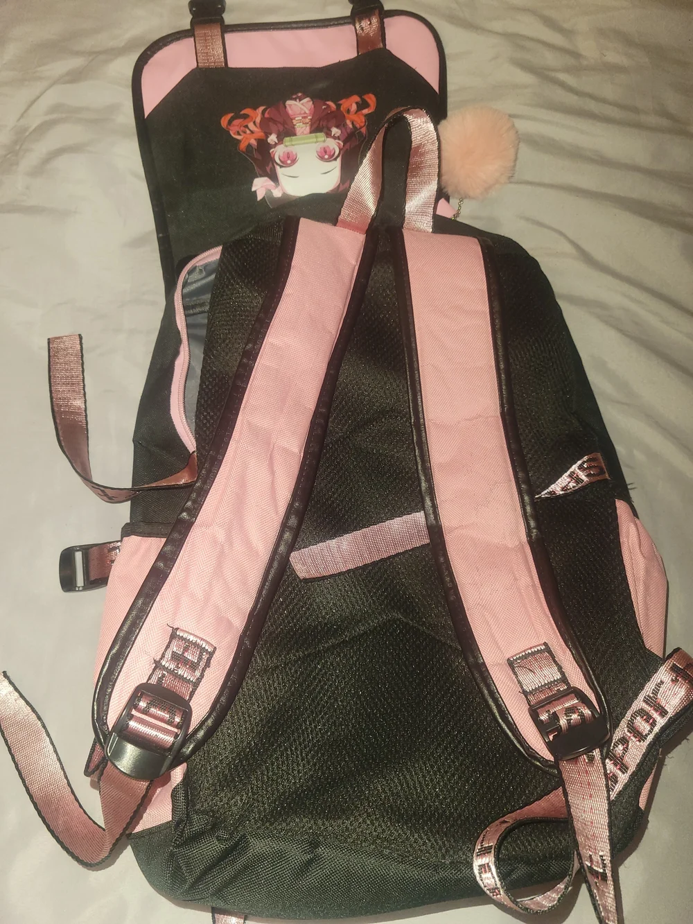 Pink & Black Anime Backpack with Pom Pom Charm
